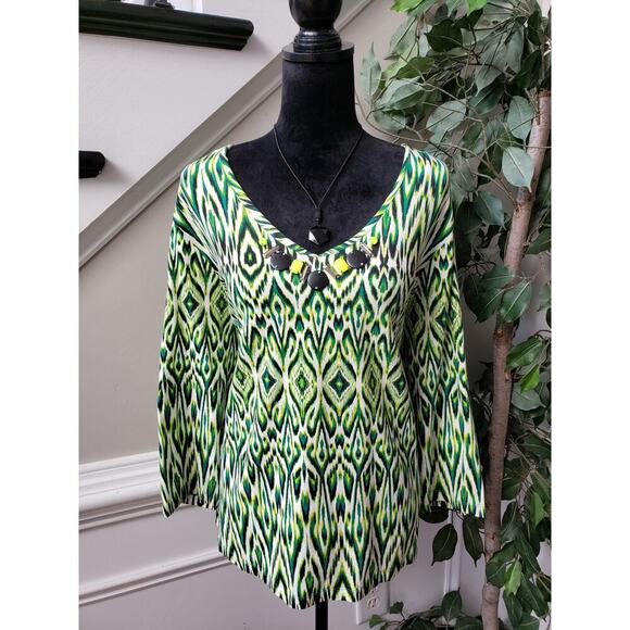 Ruby Rd. Blouse Top Womens 2X Green Printed Beaded V Neck Long Sleeve Pullover - Picture 2 of 12